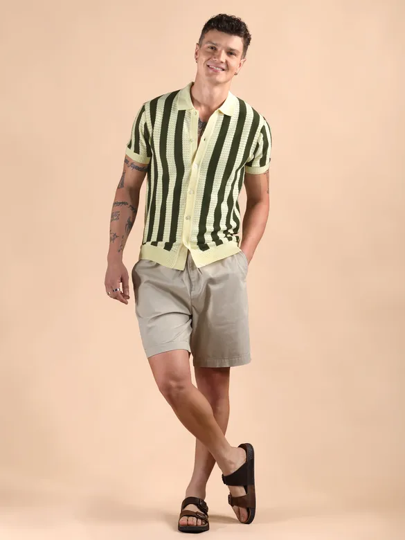 Olive Green Striped Flat Knit Shirt